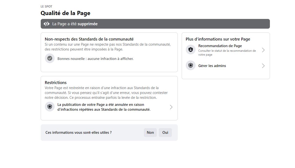 Cette capture d'écran montre les messages incohérents du réseau social américain concernant la suppression de la page. 